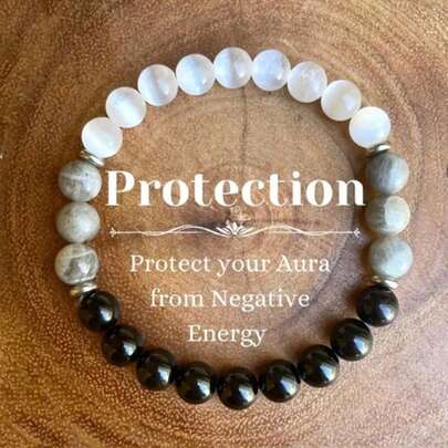 1件水晶手链，黑绿柱石和拉长石手链，8毫米圆形宝石饰品，男女皆宜