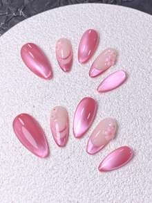 10片手工制作的按压式美甲贴片，短款美甲，假指甲，法式美甲贴片，杏仁形美甲，闪亮猫眼橘粉色美甲，柔美美甲，少女美甲，情人节美甲，3D粉色花朵美甲，金色花朵装饰，包含美甲工具，快速佩戴和卸除，适合女性和女孩，橘粉色猫眼杏仁形美甲贴纸 - 西瓜粉 - 查看 7