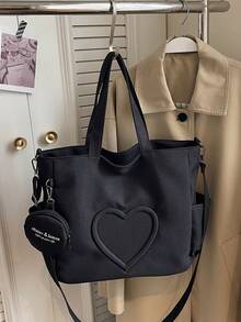 Nueva bolsa de lona de moda casual con patrón de corazón y múltiples bolsillos para mujer con monedero - Negro - Ver 8