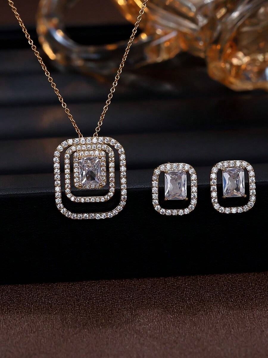 Bộ 2 món dây chuyền và bông tai hình vuông hình học tối giản đính đá Zirconia, thiết kế độc đáo, trang sức tinh tế thích hợp cho các bữa tiệc, làm quà tặng hoặc đeo hàng ngày. - bộ dây chuyền bông tai - Xem 1