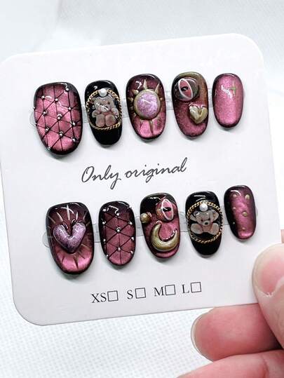 10片紫色手工按压式美甲，短款椭圆猫眼美甲，亚克力朋克风美甲，图案包括熊、心、太阳、月亮等，哥特风格美甲用品，覆盖式假指甲贴片，人造指甲，适合女性和女孩，纯手工佩戴。