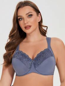 MELENECA Women Plus Size Full Coverage Wireless Lace Comfort Padded Bra - Dusty Blue - View 5