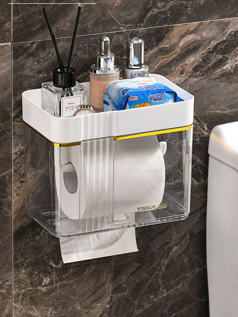 1pc Transparent Waterproof Tissue Box, Wall-Mounted Roll Paper Tissue Box Storage Rack - Grey - View 1