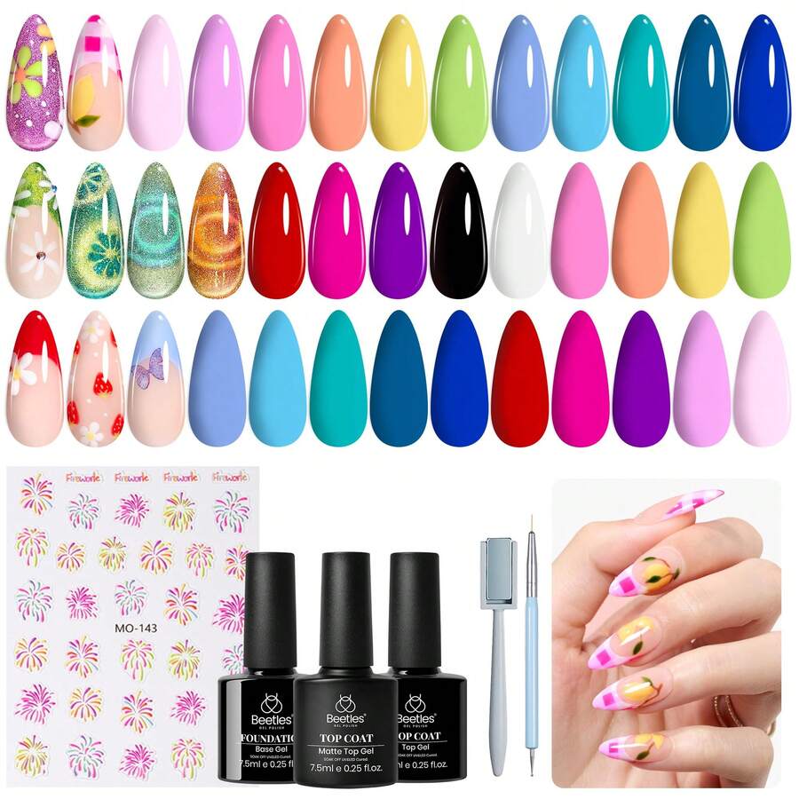 Beetles Spring Gel Polish Set - Fingertip Palette, 32 Colors Valentines Polish Set With Base Top Coat - 20 Colors Cat Eye Magical Kingdom - View 1