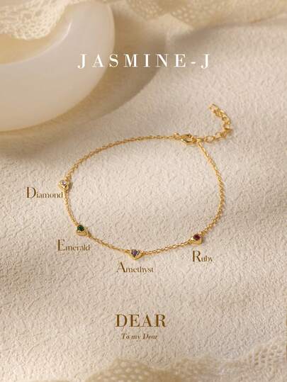 1 件 S925 纯银彩色锆石心形链手链，金色手链，女士手链，简约设计，送给女朋友的礼物，适合日常佩戴