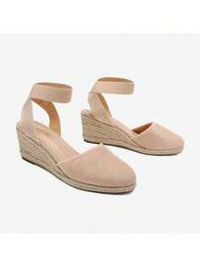 Sandalias de cuña de esparto de 5,5 cm para mujer, con punta cerrada y correa elástica en el tobillo, para vacaciones, ir al trabajo y verano - Albaricoque - Ver 5