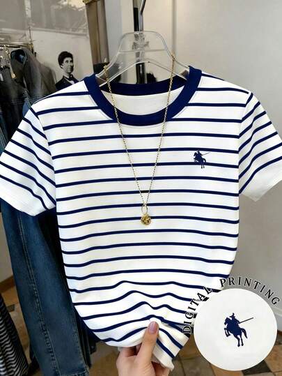 海军蓝条纹马匹印花T恤，撞色领，时尚简约百搭T恤，通勤办公穿搭，春夏女装，大码女式休闲圆领短袖T恤 白色