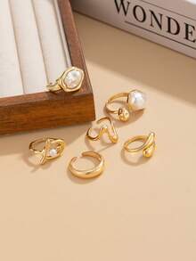 6pcs/Set Elegant Geometric Asymmetric Faux Pearl Inlaid Metallic Stackable Rings Set, Luxurious Chic For Wedding, Party, Vacation, Daily Casual, Street Style, Women & Couples Gift - Ring - View 7