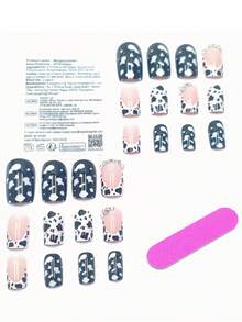 24pcs European And American Minimalist Black & White Cow Print Short Square False Nails, Decorated With Various Rhinestones, Suitable For Spring & Summer Wear, Suitable For Daily Life, Work, Comes With Gel And Nail File, Manicure Supplies - Black and White - View 5