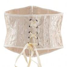 1pc Women's Jacquard Corset, Overbust Waist Cincher With Boning, Suitable For Daily Wear And Halloween - Apricot - View 4
