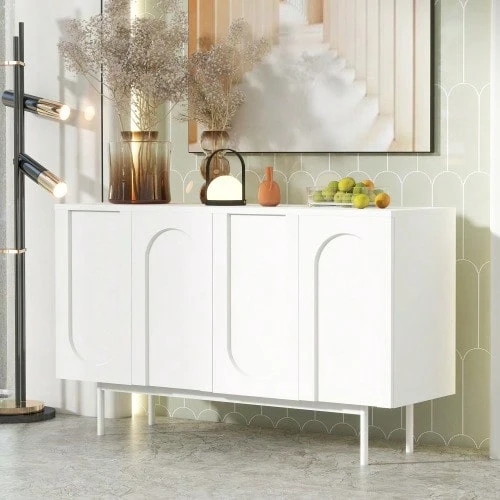 Modern Minimalist White Sideboard With 4 Türen Im Bogenmuster Für Esszimmer Und Wohnzimmer (Weiß) - White - View 1