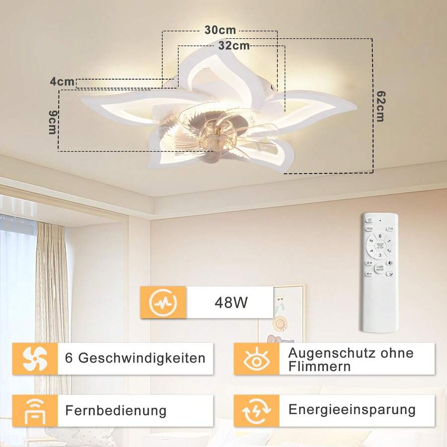 homefire 1/2 LED Ceiling Fan With Light, Modern Ceiling Light With Fan, Quiet, White, 48W, Remote Control, Dimmable, 3 Color Temperatures, 6-Speed Timer, Fan Lamp, Suitable For Bedroom, Living Room, Dining Hallway - White - View 1