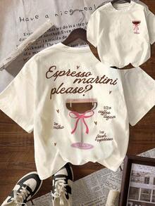 Espresso Martini, Blusas de verano para mujer, Atuendos de vacaciones, Camisetas, Atuendos de verano, Camisetas estampadas, Atuendos de playa, Camiseta de manga corta y cuello redondo casual para mujer - Blanco - Ver 1