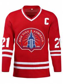 男士21号红色冰球图案长袖V领T恤，休闲派对运动T恤 - 紅色 - 查看 2