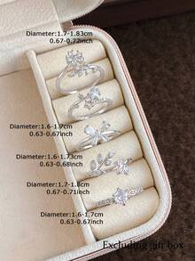 5pcs Fashionable Luxury Delicate Flower, Leaf, Butterfly Cubic Zirconia Adjustable Rings Set, Suitable For Casual, Party, Holiday Wear (No Gift Box) - Silver - View 4