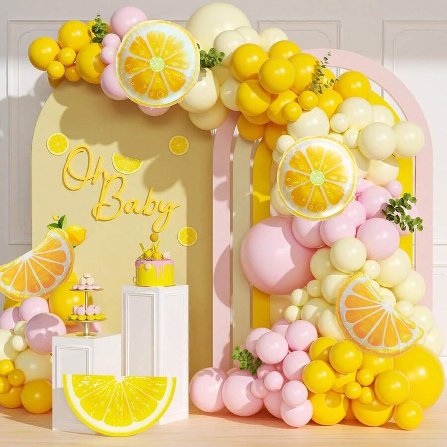 Bộ 115 món cổng bóng bay chủ đề chanh, bộ cổng bóng bay hồng và vàng với bóng foil vàng nhạt và hồng nhạt, phù hợp cho tiệc mừng em bé chủ đề chanh, tiệc tiết lộ giới tính, đám cưới, tiệc độc thân nam/nữ, tiệc cô dâu và trang trí tiệc sinh nhật. - Xem 1