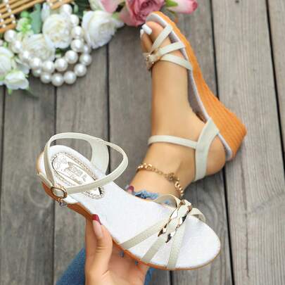 1 Pair Women's Summer New Fashion Strap Crystal Pendant Sandals, Minimalist Style Student Shoes, Comfortable Wedge Heel Thick Sole Beach Shoes