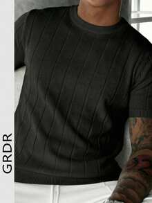 GRDR 男士夏季针织纯色罗纹短袖毛衣，运动休闲款，适合户外活动 - 黑色 - 查看 7