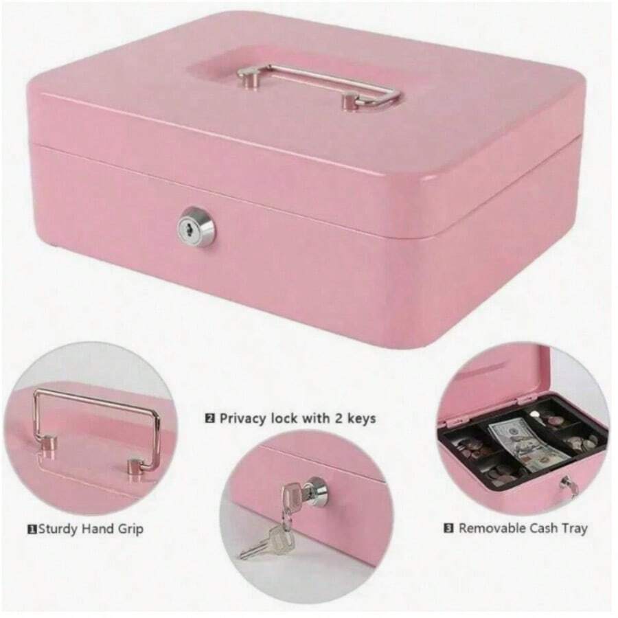 Hộp đựng tiền màu hồng có khóa số/khóa chìa, hộp đựng tiền bằng kim loại, có khay đựng tiền, hộp khóa, hộp đựng tiền có khay đựng tiền, ngăn kéo đựng tiền. - Nhiều màu - Xem 1