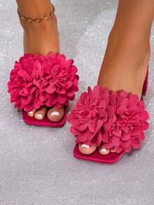 Giày sandal cao gót nữ, mẫu mới xuân/hè 2026, mũi vuông, họa tiết hoa 3D, gót chunky, giày cao gót thời trang, sandal nữ thanh lịch. - Màu Hồng Tươi - Xem 4