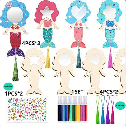 8pcs Unfinished Mermaid Mirror DIY Kit, Includes Tassel Wooden Hand Mirror, DIY Craft, Comes With 12 Colored Pens, 2 Sheets Of Random Colored Gem Stickers, 8 Tassels In Random Colors, Suitable For Mermaid Themed Party, Christening Ceremony, Birthday Gift, Easter Decoration