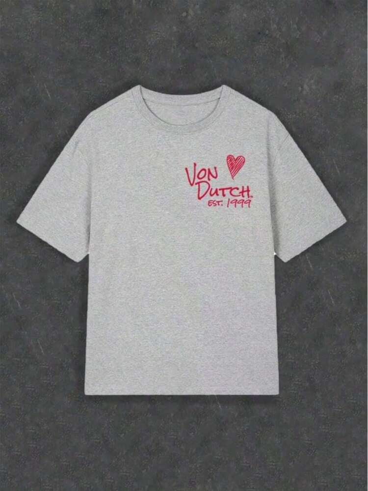 1pcs Women's Double-Sided Printing Von Dutchh Heart Logo With Key And Year 1999 Fabric Soft & Skin-Friendly Unisex Style Gifts For Spring Festival, Valentine's Day, St. Patrick's Day & World Cup-Van Dutch Dragon Print Women T Shirt Classic Americana Style Graphic Tee,Summer Outfits,Vacation Outfits Women,Summer Outfits For Women,Spring Outfits For Women,Summer Tops,St Pattys Day Outfit,Easter Outfit Women - 灰色 - 查看 2