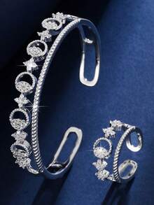 Bộ 2 món sang trọng thiết kế rỗng, thời trang, đính đá Cubic Zirconia, thích hợp cho nữ giới đeo hàng ngày và làm quà tặng. - bộ nhẫn vòng tay - Xem 2