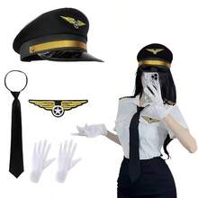 1/3/4/5/6/7件組 性感女飛行員與空服員服裝套裝，包含帽子、純色領帶、飛機圖案肩章、鈕扣與徽章，適合男女穿著的飛行員主題服裝，時尚派對機長服飾配件 - 彩色 - 查看 6