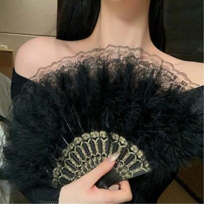 Multicolor Feather Lace Folding Fan - Elegant Hand-Held Folding Fan With Tassel. Fluffy Feather Design + Delicate Lace Edge: Adds Charm To Outfits; Foldable Structure: Convenient To Carry, Suitable For Parties, Weddings Or Cosplay. Available In Purple/White/Black/Blue: Fits Various Styles. Applicable For Dance Props, Photography, Gifts. Fashionable Decorative Hand-Held Folding Fan!