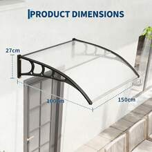 Hodeffior Marquesina para puerta, techo de 100x150 cm con soportes de ABS, cubierta impermeable de policarbonato transparente con poste central, techo con protección UV para entrada, terraza, ventana, puerta principal o trasera. - Transparente - Ver 3