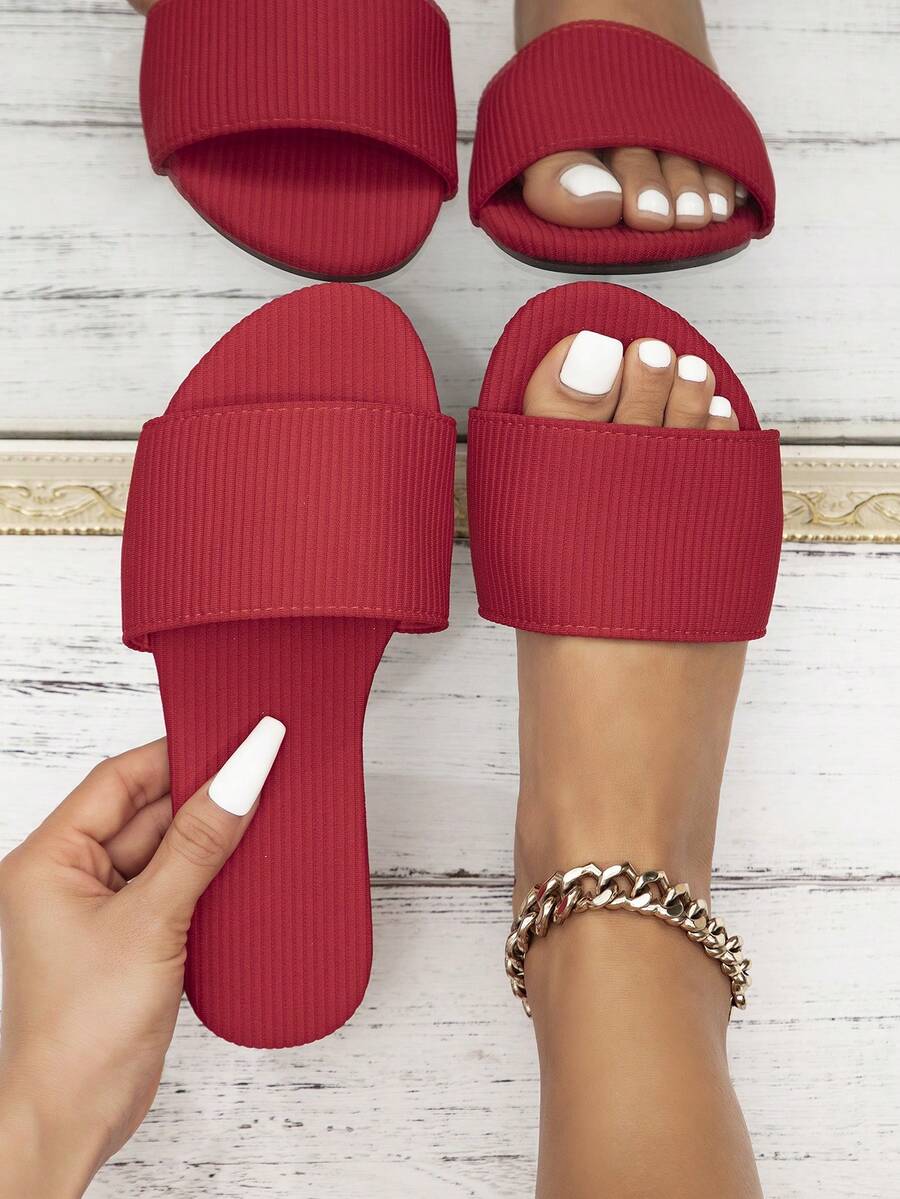 女士时尚平底凉鞋，春夏沙滩防滑可爱拖鞋，条纹平底凉鞋，优雅欧美风一脚蹬凉鞋 - 紅色 - 查看 1