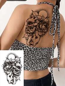 1 pieza Tatuaje temporal vintage con diseños florales, calavera animal y sol, apto para hombres y mujeres, pegatina de tatuaje impermeable y de larga duración para la cintura, abdomen, brazo, muslo, espalda, hombro, arte corporal unisex, tatuaje falso, cobertura de cicatrices - Negro - Ver 3