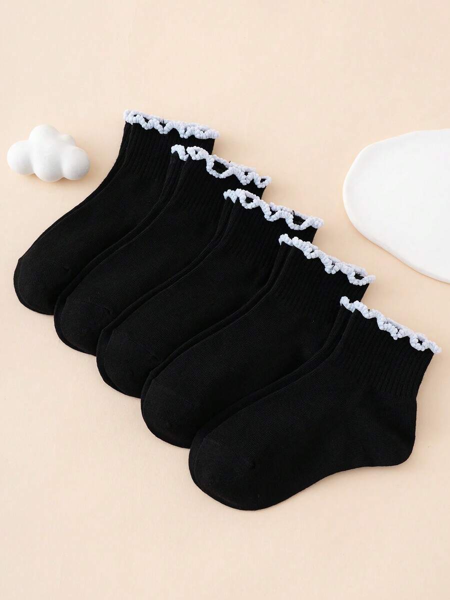 5 Pairs Solid Color Bubble Lace Trim Kids Mid-Calf Socks, All Season, European & American Size, Comfortable Breathable Durable, Suitable For Daily Wear, Premium Fabric, Non-Stuffy - Black and White - View 1