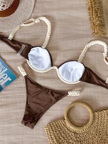 Bikinx Women's Chic Braid Detail High Cut Bikini Set Spaghetti Strap Contrast Binding Swimwear High Stretch Fabric - Multicolor - View 6