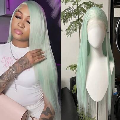 websterwigs Tóc giả dài 24 inch màu xanh bạc hà kiểu Âu và Mỹ, kiểu ren phía trước 13x4, dùng cho toàn bộ đầu của nữ, phụ kiện cosplay.