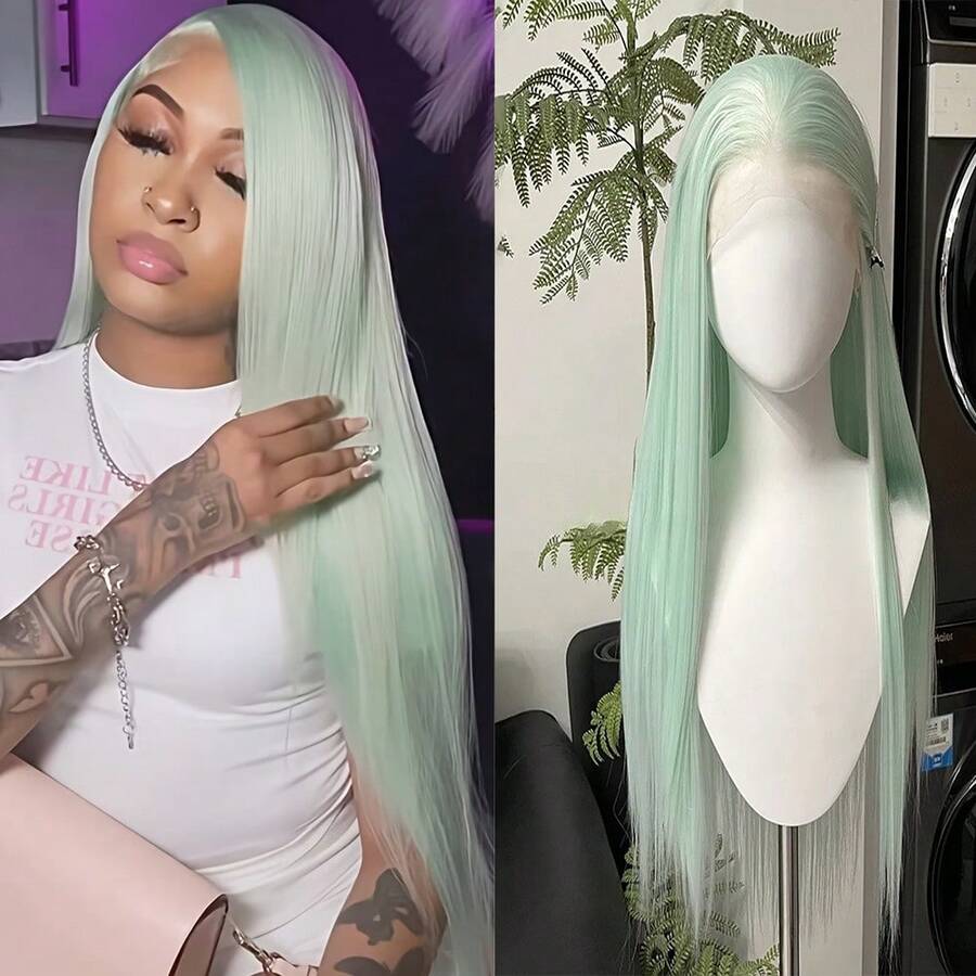 websterwigs 24英寸薄荷绿欧美风13x4蕾丝前假发，女士全头角色扮演道具