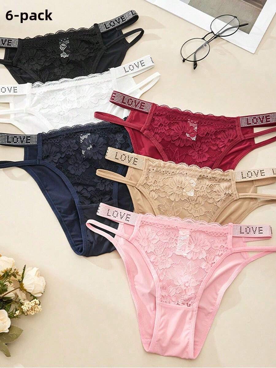 6-Piece Set Of Women's Underwear, Mid Waist Lace Women's Thong, Sexy Hollow Out, With Rhinestone Waist Belt, Women's T-Pants, Pure Cotton Crotch, Comfortable And Breathable, Sexy And Tempting - 6件裝 - 查看 1
