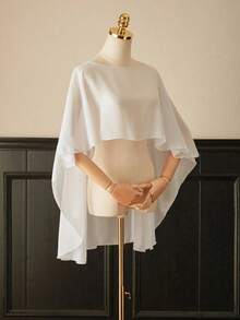 1pc Short Chiffon Bridal Cape, Women Pullover Shawl To Pair With Dress And Vest Fall Clothes Women - 黑色 - 查看 3