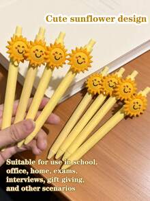 10pcs Sunflower Design Ballpoint Pens, 0.5mm Refill, Cute & Girly, Suitable For Writing, Gifting, Office, Drawing, High-Quality Reward/Prize - Multicolor - View 3