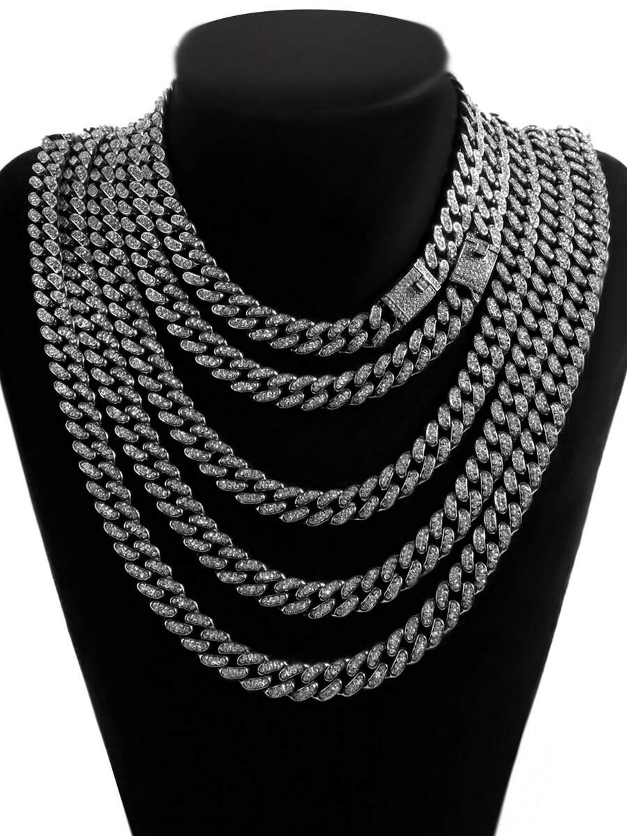Bộ dây chuyền và vòng tay kiểu Cuban Link màu đen unisex mới, đính đá lấp lánh, phong cách Punk Hip Hop Rock. - Dây chuyền và vòng tay nam - Xem 1