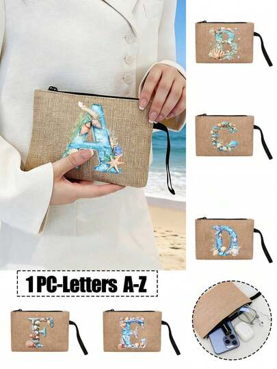 1pc Stylish A-Z Ocean Letters Zipper Makeup Bag, Hand Rope, Large Capacity Cosmetic Bag, Portable Casual Storage Handbag, Multifunctional Shopping Bag, Portable Travel Beach Makeup Bag, Travel Toilet Organizer Zipper Bag,Skincare Bag, Suitable For Outdoor Picnics, Parties, Weddings, Daily Use, Birthdays, Back To School