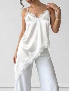 Bộ đồ nữ gồm chân váy lệch vai màu trắng trơn, dây mảnh, viền ren và áo kiểu rộng, áo hai dây satin mới, áo kiểu Pháp sang trọng, gợi cảm, hở lưng, thích hợp cho tiệc tùng, kỳ nghỉ, nhiều lớp, thích hợp cho mùa xuân/hè/thu. - trắng - Xem 1