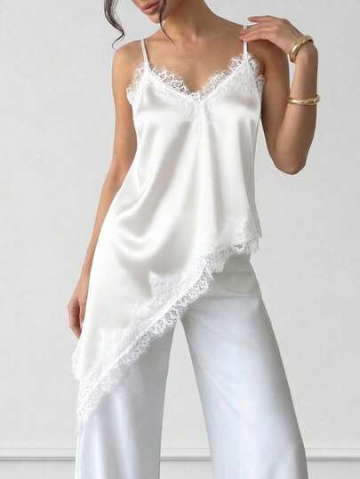 Áo nữ màu trắng trơn, dây đeo vai mỏng, viền ren, dáng xòe bất đối xứng, kiểu áo hai dây không tay viền satin kiểu mới, sang trọng, thời trang, gợi cảm, hở lưng, phong cách Pháp, thích hợp cho tiệc tùng, du lịch, đi biển, lễ hội, mùa xuân hè thu.