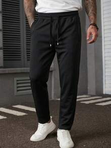 1件装 Blueprint 男士直筒裤，黑色，柔软抗皱面料，抽绳腰带，拉链口袋，休闲简约风格，适合日常、通勤和轻商务场合穿着。 - 黑色 - 查看 1