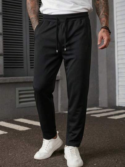1pc Blueprint Man Straight Leg Pants, Black, Soft & Wrinkle-Resistant Fabric, Drawstring Waist, Zipper Pockets, Casual & Minimalist Style Suitable For Daily, Commuting, And Light Business Wear