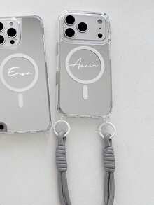 Personalized Custom Name Embossed Letter Four-Corner Mirror Short Rope Shockproof Protective Phone Case, Compatible With Iphone 18 Pro Max 17 Pro Max 17 Pro 17 16 15 14 13 12 11 Pro Max 16 15 Plus - Silver - View 8