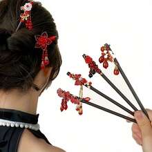 1pc Red Faux Pearl Tassel Hairpin, Hair Stick, Hanfu Traditional Hair Accessory, Chinese Retro Hairpin, Christmas Gift - 風格5 - 查看 2