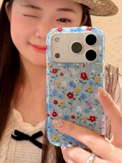 早春ins风美图彩色花朵手机壳，兼容 17 Pro Max、16 Pro、17、14 Pro、15 Pro，创意闪粉双层防震手机壳