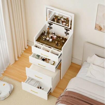 3-In-1 Vanity Unit With Open Mirror, Small Vanity Unit With Clear Glass Top, Compact Vanity Unit With 3 Drawers, Bedroom Vanity Unit, Dimensions: W 60 / H 118 / D 40 Cm.