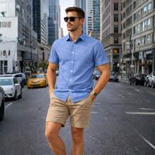 Men's Dress Shirt With Italian Collar, Short Sleeves, Slim Fit, Casual, Versatile, Elegant, Basic - 天藍色 - 查看 6